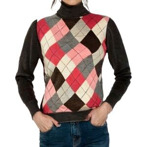 Esprit Vintage Charcoal Grey Argyle Lightweight Turtleneck Sweater Size XS